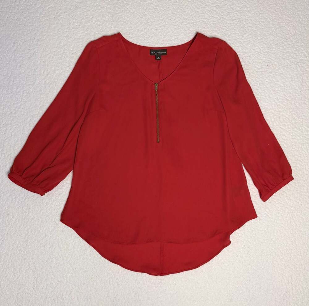 Bold Elements Red V-Neck Zip Front High-Low Blouse Size S